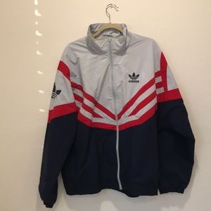Adidas Red, Navy, and light grey windbreaker